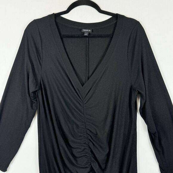 Torrid Womens 1 1X‎ Black Front Back Ruched Bodycon Jersey Knit 3/4 Sleeve Dress - Picture 2 of 7